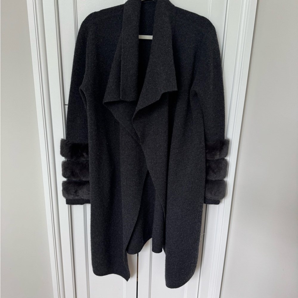 C by Bloomingdale's Black Open Front Cardigan Coat with Fur Trim